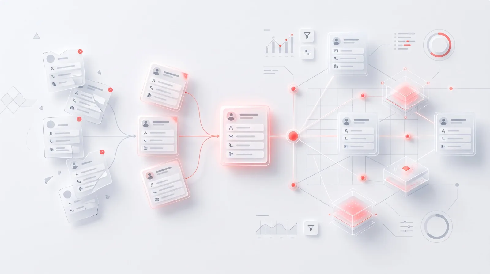 Unsaubere und doppelte Kundenkontakte werden bereinigt und zu einem sauberen, strukturierten CRM-Datensatz zusammengeführt – CRM-Datenqualität bei ameax