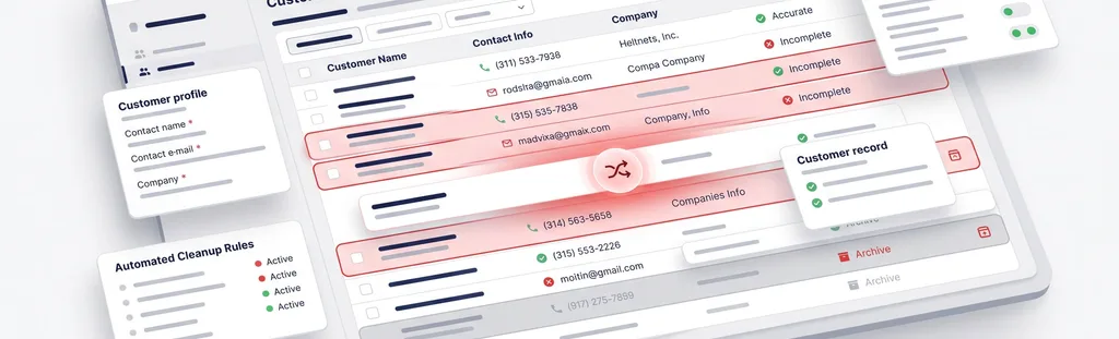 CRM-Software-Oberfläche mit Kundendaten-Qualität: Statusanzeige je Datensatz, automatische Bereinigungsregeln und das Zusammenführen doppelter Datensätze