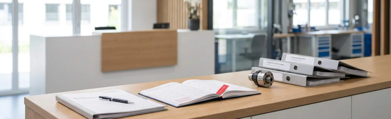 Aufgeräumter Büro-Tresen mit gebundenem Dokument, aufgeschlagenem Terminkalender und beschrifteten Kundenordnern vor einem ordentlichen Empfangsbereich – organisierte Kundendaten im System statt loser Excel-Liste
