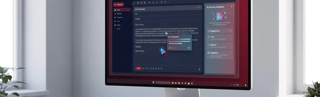 Monitor mit E-Mail-Fenster und KI-Schreibassistent-Panel: Vorschläge, Tonalität, Verbesserungen und Textvorlagen