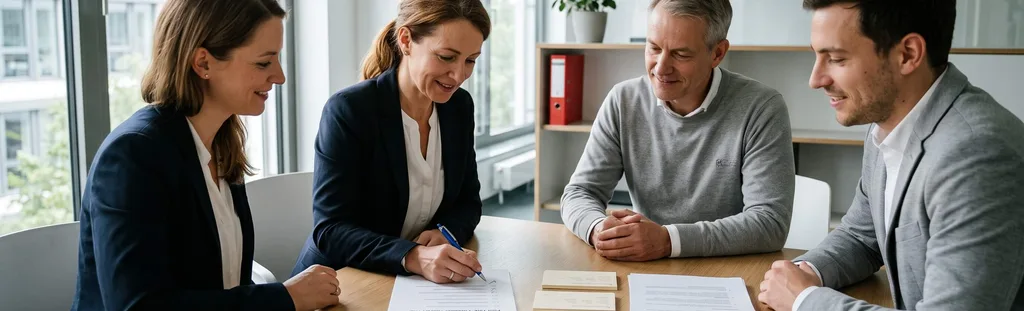 Vierköpfiges Team bespricht an einem Bürotisch gemeinsam Unterlagen und unterzeichnet ein Dokument – kalkulierbarer Pilotversuch im Vertrieb