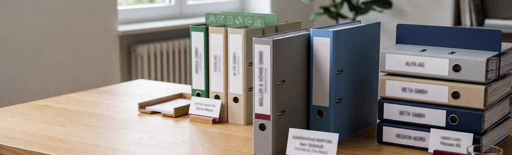 Beschriftete Kundenordner auf einem Holztisch, sortiert nach Firmennamen und Region Nord, mit Tischkärtchen zur Kundenverantwortung – Zuständigkeiten für Kunden nach Region und Team verteilt