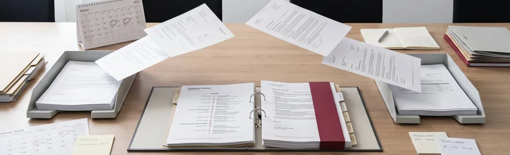 Besprechungstisch mit einem aufgeschlagenen Ordner „Customer history“ samt Zeitleiste, zwischen zwei Ablagekörben fliegenden Dokumenten, Kalendern und einer Notiz zum Datenstand – Kundenhistorie und Wiedervorlagen wandern bei der Übergabe mit