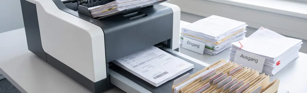 Dokumentenscanner in einem Büro verarbeitet Papierstapel neben Ablagefächern mit den Schildern Eingang und Ausgang und einer Hängeregistratur – Belege werden zentral erfasst und abgelegt