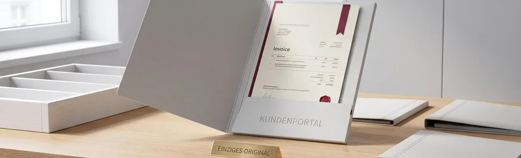Aufgestellte graue Mappe mit Prägung Kundenportal auf einem Holzschreibtisch, darin eine Rechnung mit rotem Siegel, davor ein Messingschild Einziges Original – das Portal im eigenen Erscheinungsbild