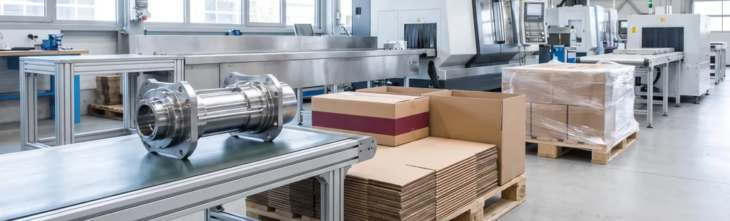 Fertigungshalle mit CNC-Maschinen, ein großes bearbeitetes Metallbauteil auf einem Förderband, daneben Kartons und ein foliertes Palettenpaket – individuell gefertigte B2B-Ware im mehrstufigen Beschaffungsprozess