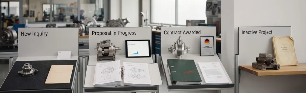 Ausstellungspulte mit den Phasen einer Verkaufschance – New Inquiry, Proposal in Progress, Contract Awarded – und rechts abgesetzt ein Pult „Inactive Project“ mit verstaubtem Bauteil und vergilbter Mappe – tote Anfragen, die die Pipeline verfälschen