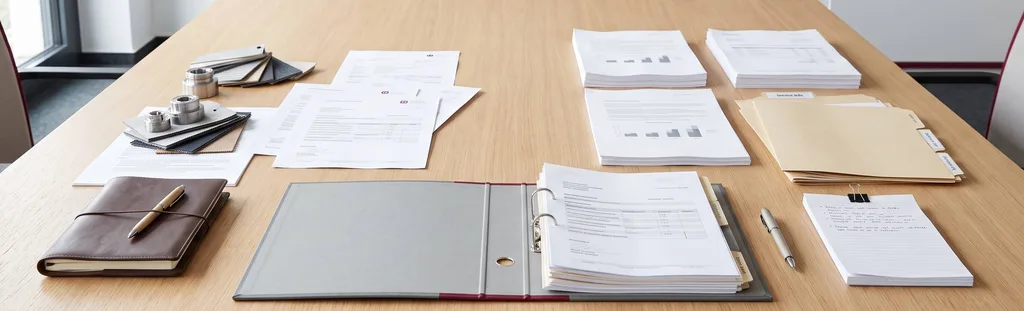 Konferenztisch mit geöffnetem Aktenordner, Berichten mit Diagrammen, beschrifteten Mappen und handschriftlichen Notizen – gemeinsame Kundenakte für Außen- und Innendienst