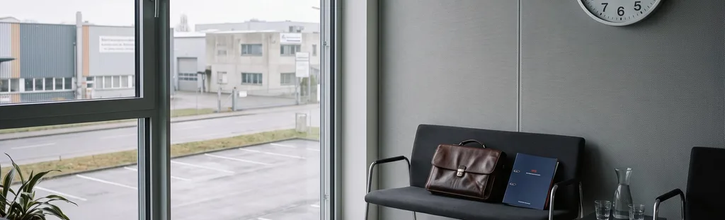 Aktenkoffer und Unterlagen auf einer Bank in einem leeren Wartebereich mit Blick auf einen leeren Parkplatz – Reise- und Wartezeiten im Außendienst
