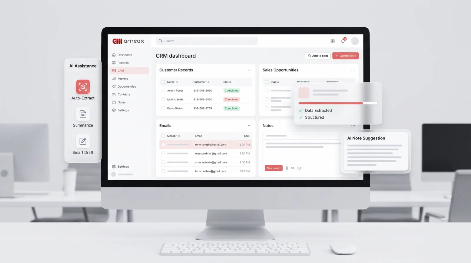 ameax-CRM-Dashboard mit KI-Funktionen: Daten automatisch extrahieren und strukturieren, Zusammenfassungen, Notiz-Vorschläge und Smart-Draft-Assistenz für den Vertrieb