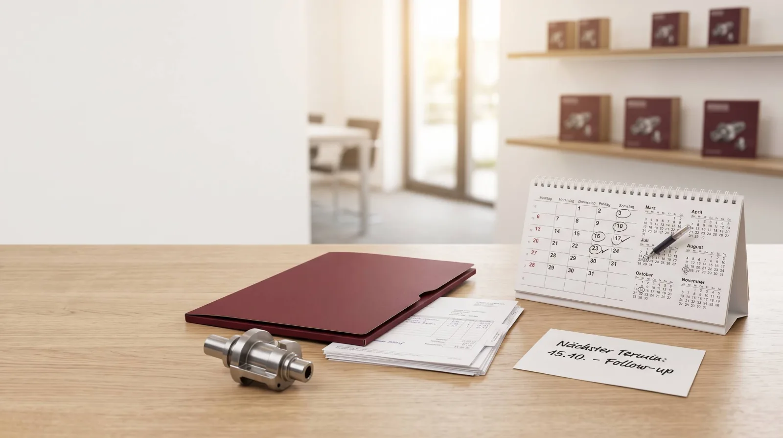 Schreibtisch mit rotem Dokumentenordner, Unterlagen, einem Tischkalender mit mehreren eingekreisten Terminen und einer handschriftlichen Notiz „Nächster Termin: 15.10. – Follow-up“ – geplante Wiedervorlage in der Kundenbetreuung