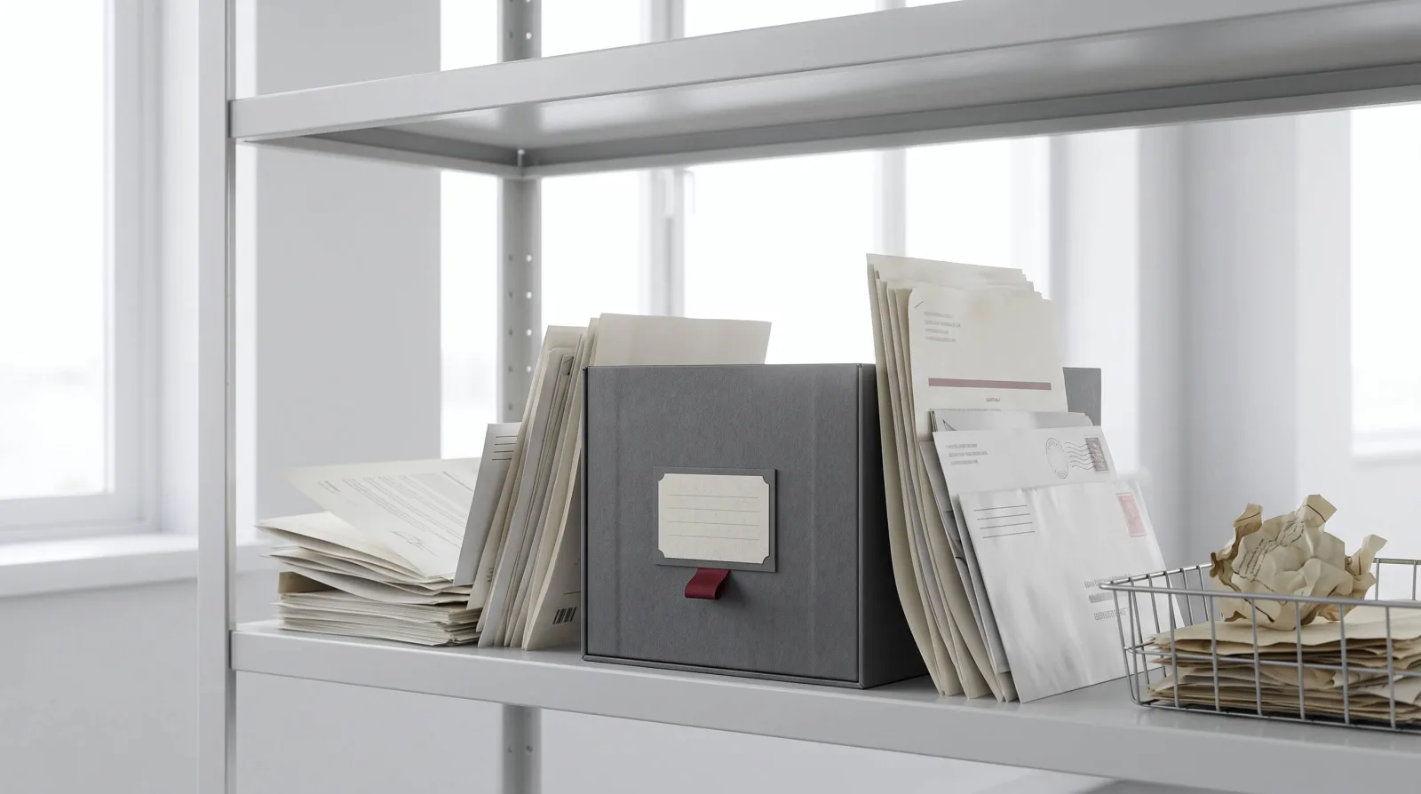 Grauer Archivkarton mit Etikett auf einem hellen Büroregal, umgeben von losen Papieren, Briefen und einem Drahtkorb mit zerknüllten Dokumenten – Unterlagen an einem zentralen Ort statt verstreut