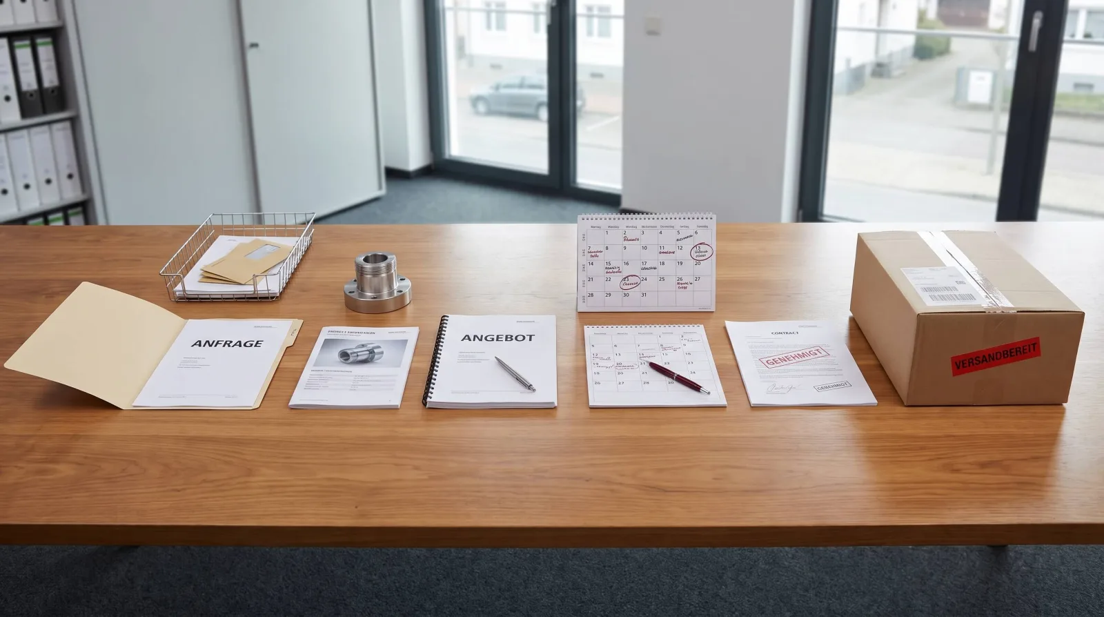 Bürotisch mit den Stationen eines B2B-Verkaufszyklus von links nach rechts: Mappe „Anfrage“, Produktdatenblatt, gebundenes „Angebot“, Terminkalender, als „genehmigt“ gestempelter Vertrag und ein versandbereites Paket – die Phasen des Sales Cycle