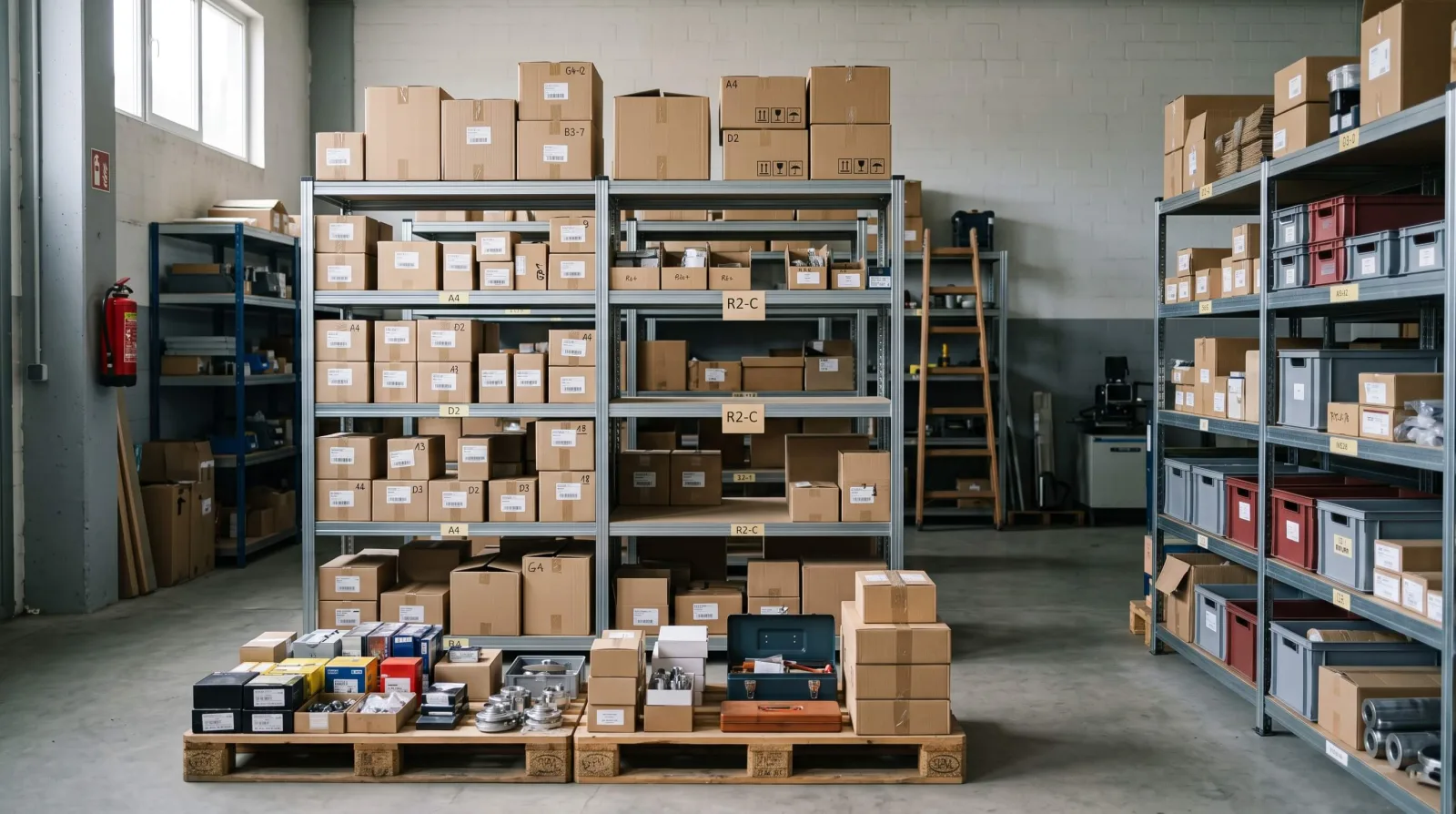 Lagerraum eines kleinen Unternehmens mit Metallregalen voller beschrifteter Kartons und Stapelboxen, Lagerplatzschildern und einer Palette mit sortierten Kleinteilen – Bestandsführung mit einem Warenwirtschaftssystem