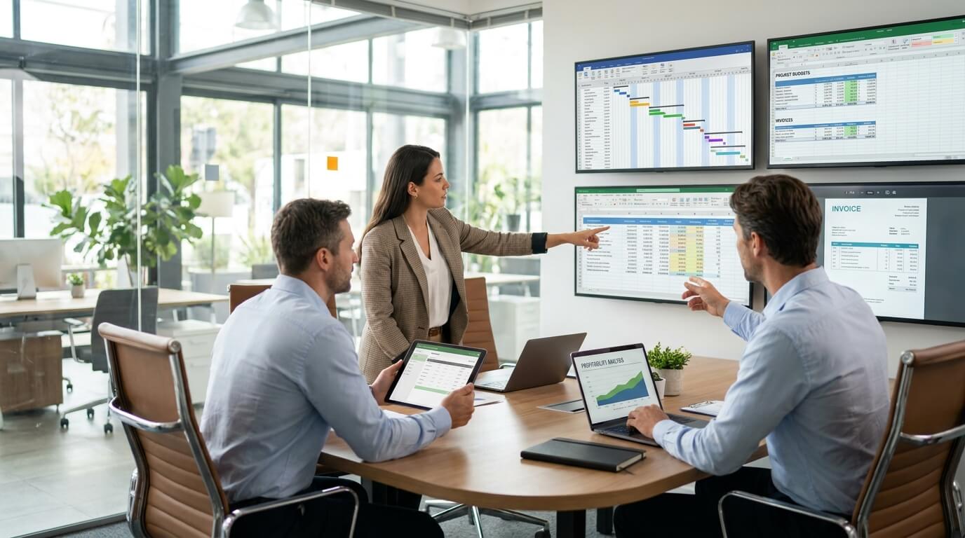Projektteam vor Bildschirmen mit Gantt-Diagramm, Projektbudgets und Rechnungen