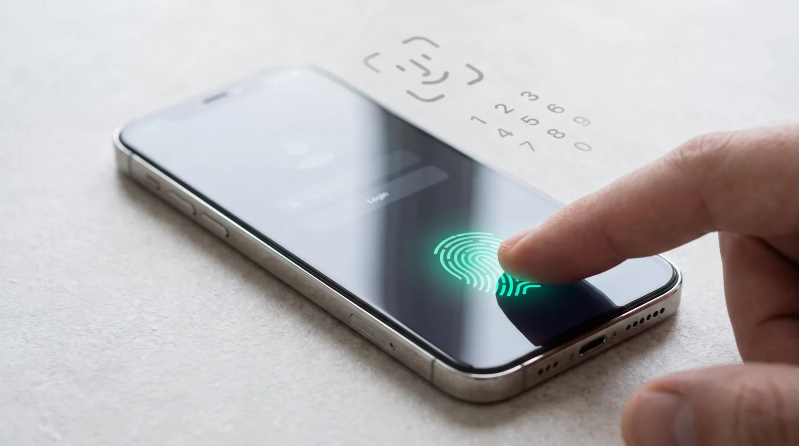 Finger auf einem Smartphone-Display mit leuchtendem Fingerabdruck-Symbol und Gesichtserkennung – Anmeldung per Passkey bei ameax