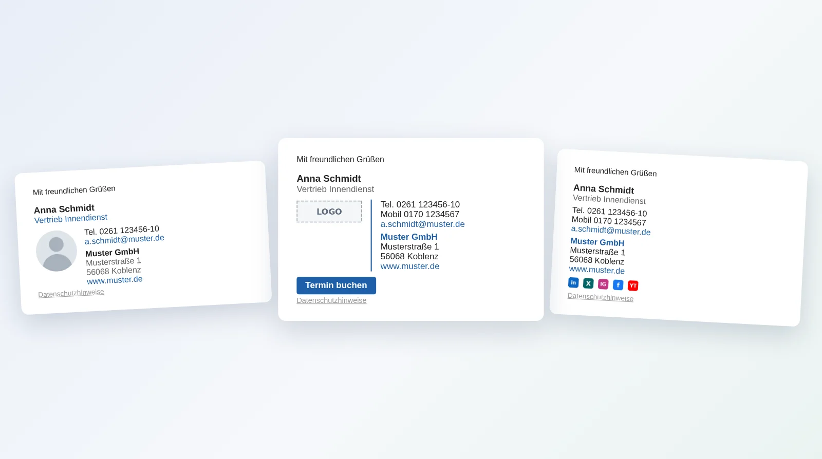 Drei E-Mail-Signaturen aus der Vorlagen-Galerie mit Musterdaten: mit Porträtfoto, mit Logo und Schaltfläche „Termin buchen“ sowie mit Social-Media-Leiste