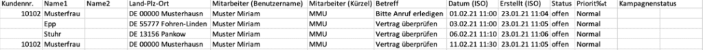 Screenshot CSV-Tabelle
