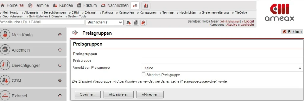 Screenshot der Anlagemaske für eine Preisgruppe