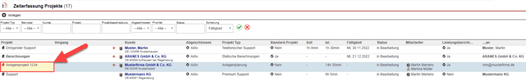 Screenshot des Felds „Projekt“ zum Öffnen und Bearbeiten vorhandener Projekte