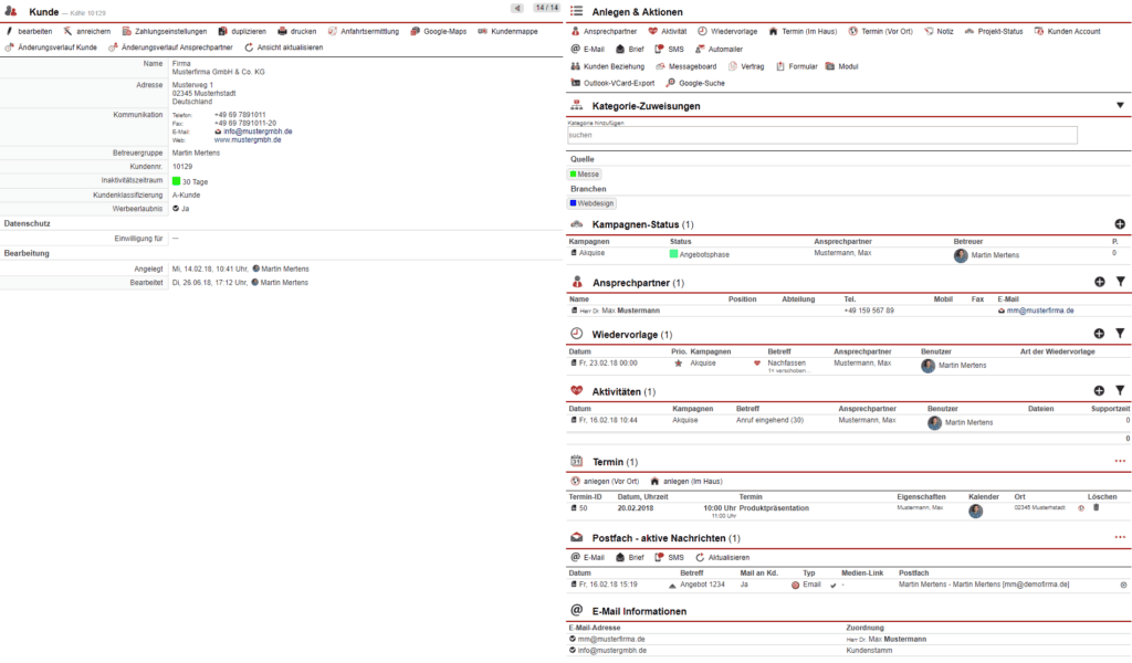 Screenshot Kundendatensatz in der ameax Unternehmenssoftware