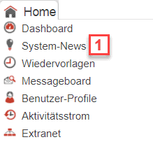 Screenshot Hauptmenüpunkt Home mit dem markierten Unterpunkt „System-News“