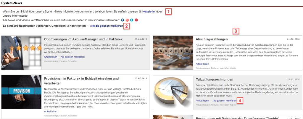 Screenshot der Übersichtsmaske des Bereichs „System-News“