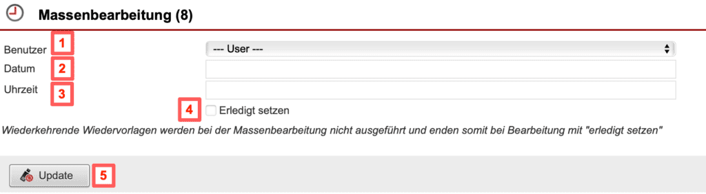 Screenshot der Massenbearbeitung von Wiedervorlagen