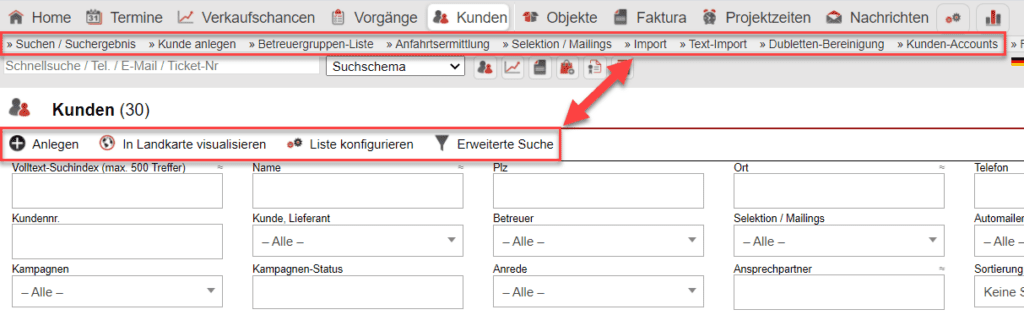 Screenshot von Untermenüleisten der ameax Unternehmenssoftware