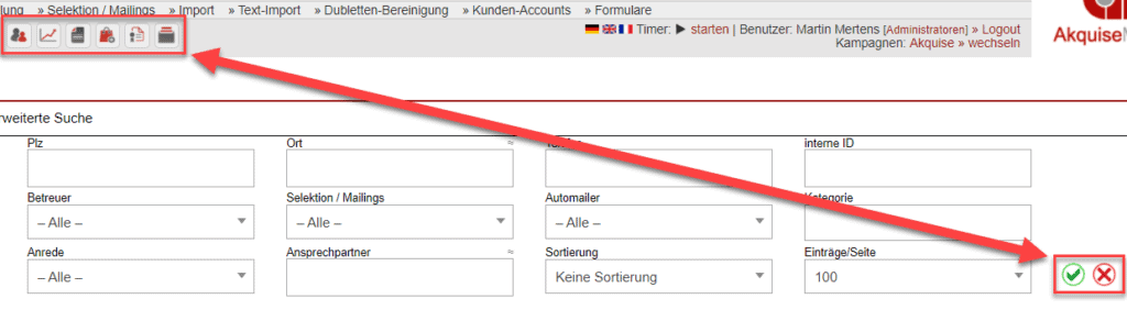 Screenshot von verschiedenen Icon-Schaltflächen innerhalb der ameax Unternehmenssoftware