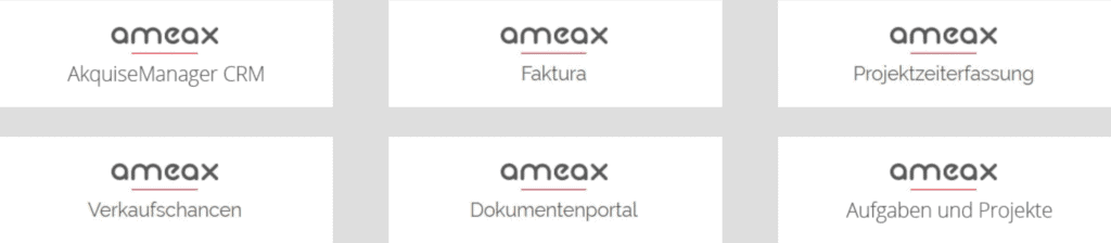 Aufzählung der Module der ameax Unternehmenssoftware