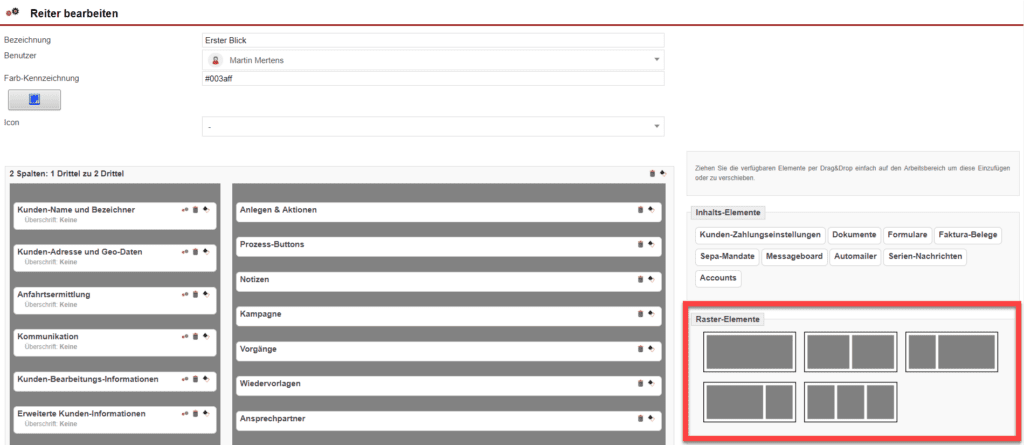 Screenshot Reiter-Konfigurationsmaske Strukturierung der Anzeigemaske eines Kundendatensatzes