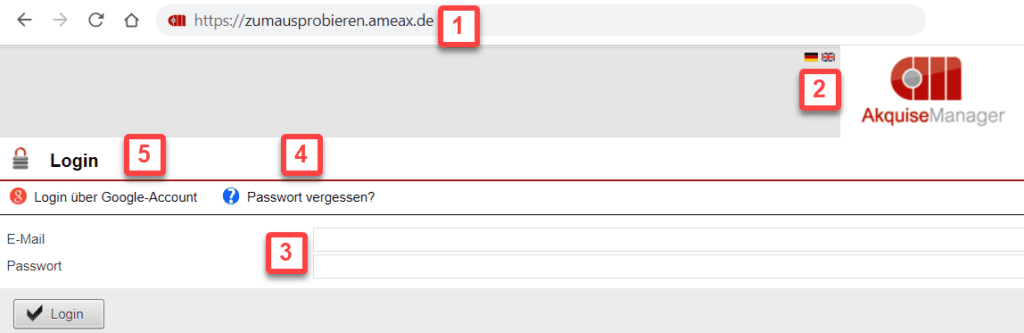 Screenshot des Login-Bereichs der ameax Unternehmenssoftware mit verschiedenen Markierungen