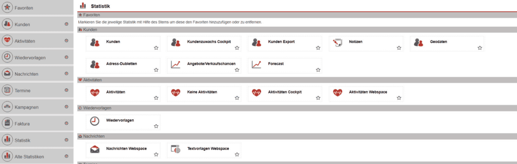 Screenshot der Hauptmaske des Statistikbereichs