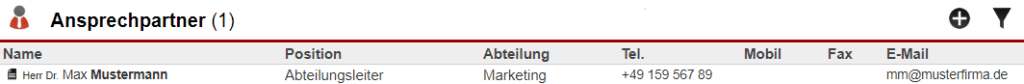 Screenshot der Ansprechpartner-Anzeige im Kundendatensatz