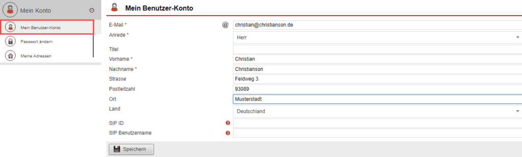Screenshot Einstellungsbereich „Mein Benutzer-Konto“
