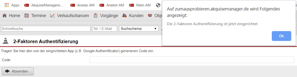 Screenshot der Eingabemaske für den zweiten Faktor der 2FA