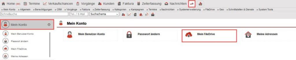 Screenshot des Einstellungsbereichs mit Markierungen u. a. beim Punkt „FileDrive“