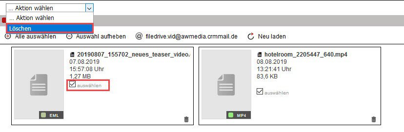 Screenshot mit Darstellung, wie Dateien aus dem FileDrive gelöscht werden können