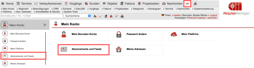 Screenshot Navigationspunkt „Mein Konto“ im Einstellungsbereich mit dem markierten Unterpunkt „Abonnements und Feeds“