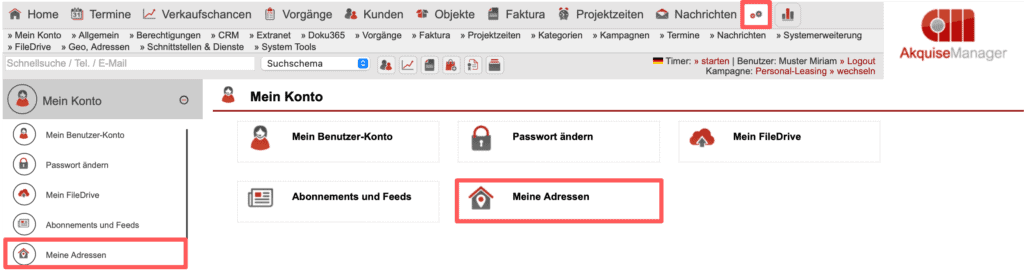 Screenshot Übersicht Einstellungsbereich „Mein Konto“ mit markiertem Punkt „Meine Adressen“