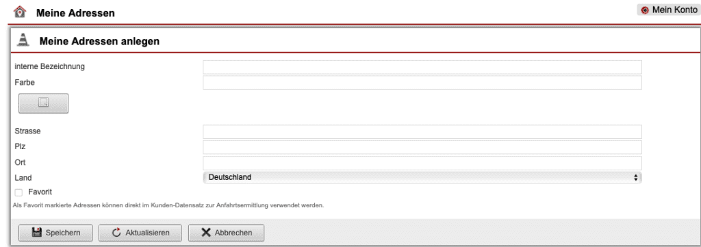 Screenshot Eingabemaske „Meine Adressen“
