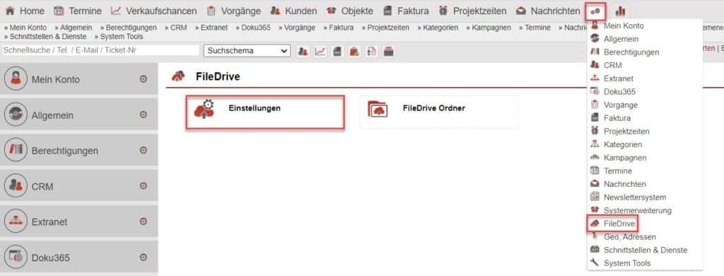 Screenshot Einstellungsbereich „FileDrive“ mit dem markierten Unterpunkt „Einstellungen“