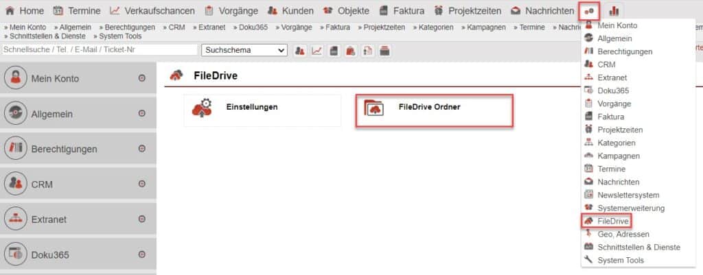 Screenshot Einstellungsbereich „FileDrive Ordner“ mit dem markierten Unterpunkt „Einstellungen“