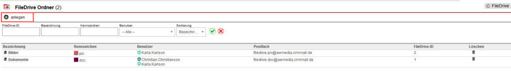 Screenshot Übersicht des Einstellungsbereichs FileDrive-Ordner