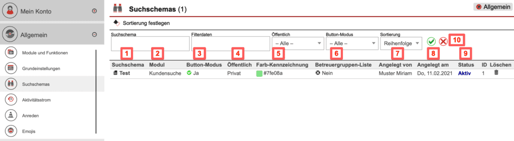 Screenshot Übersicht des Bereichs Einstellungsbereichs „Suchschemas“