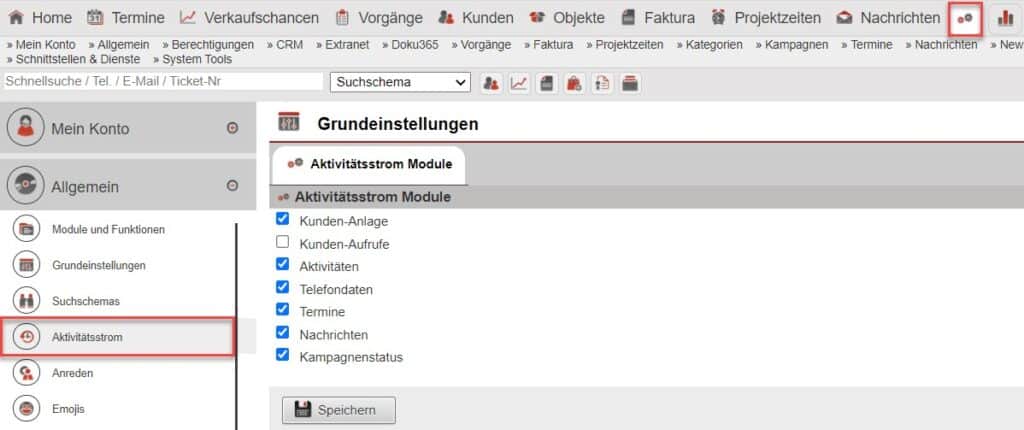 Screenshot Einstellungsbereich markierten Unterpunkt „Aktivitätsstrom“