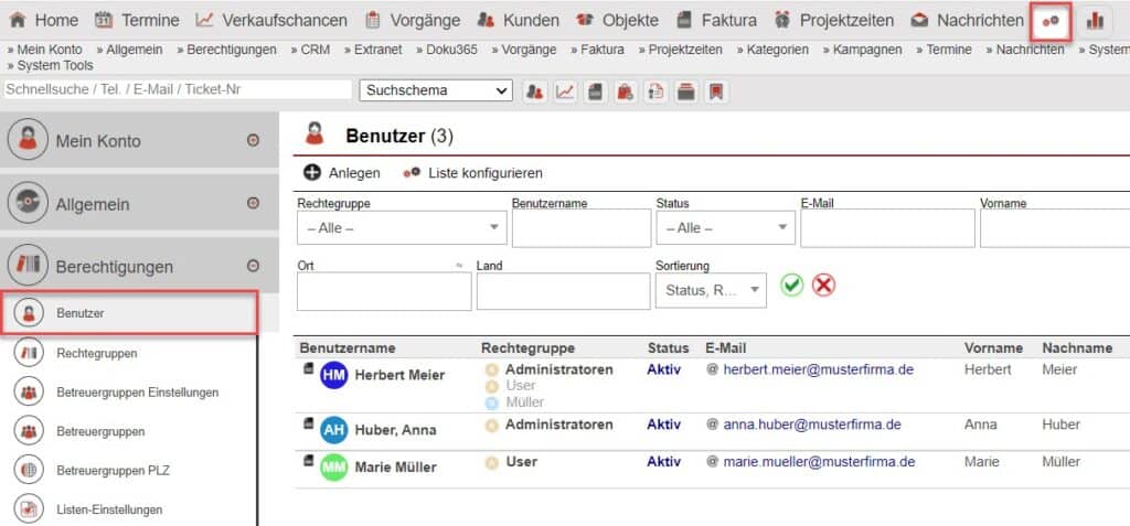 Screenshot Einstellungsbereich „Benutzer“