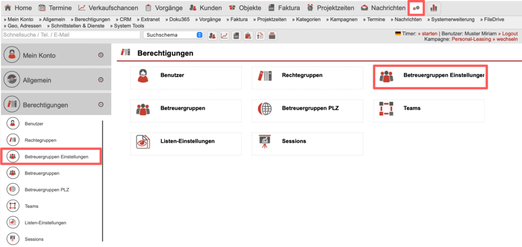 Screenshot Übersicht Einstellungsbereich „Berechtigungen“ mit dem markierten Punkt „Betreuergruppen Einstellungen“