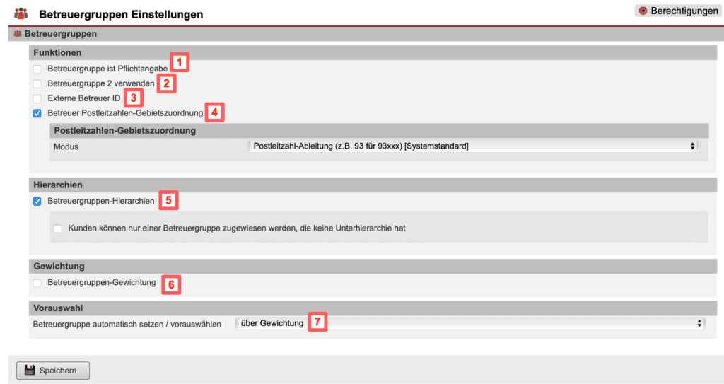 Screenshot Übersichtsmaske „Betreuergruppen Einstellungen“